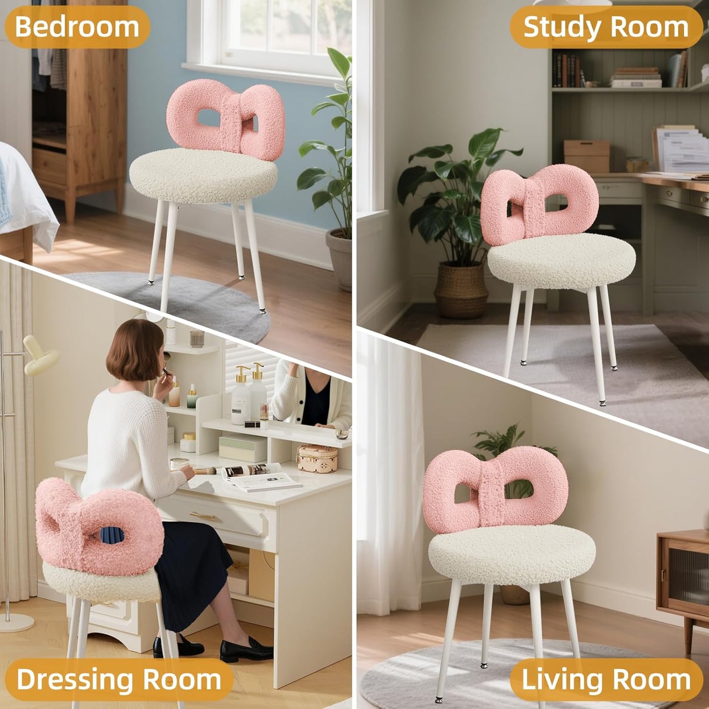 Swivel Vanity Chair with Back, Upholstered Desk Chair for Girls, Modern Makeup Vanity for Bedroom, Living Room (Pink and Off-White)