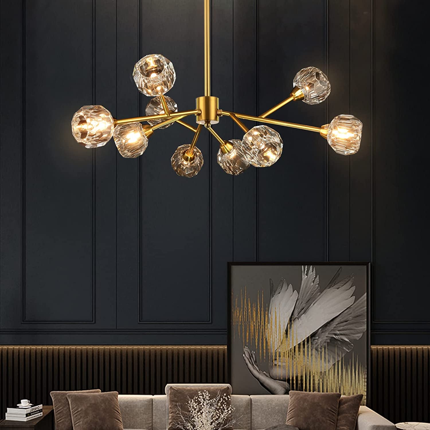 Sputnik Chandeliers for Dining Room Light Fixture over Table, Modern Crystal Chandeliers, 9 Lights Gold Lighting Fixtures for Living Room Bedroom Kitchen Island