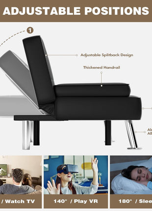 Leather Futon Sofa Bed with Removable Armrests and Adjustable Recliner, Dual Cup Holders - Ideal for Living Room, Apartment, or Office (Black) 30.7" x 65" x 28