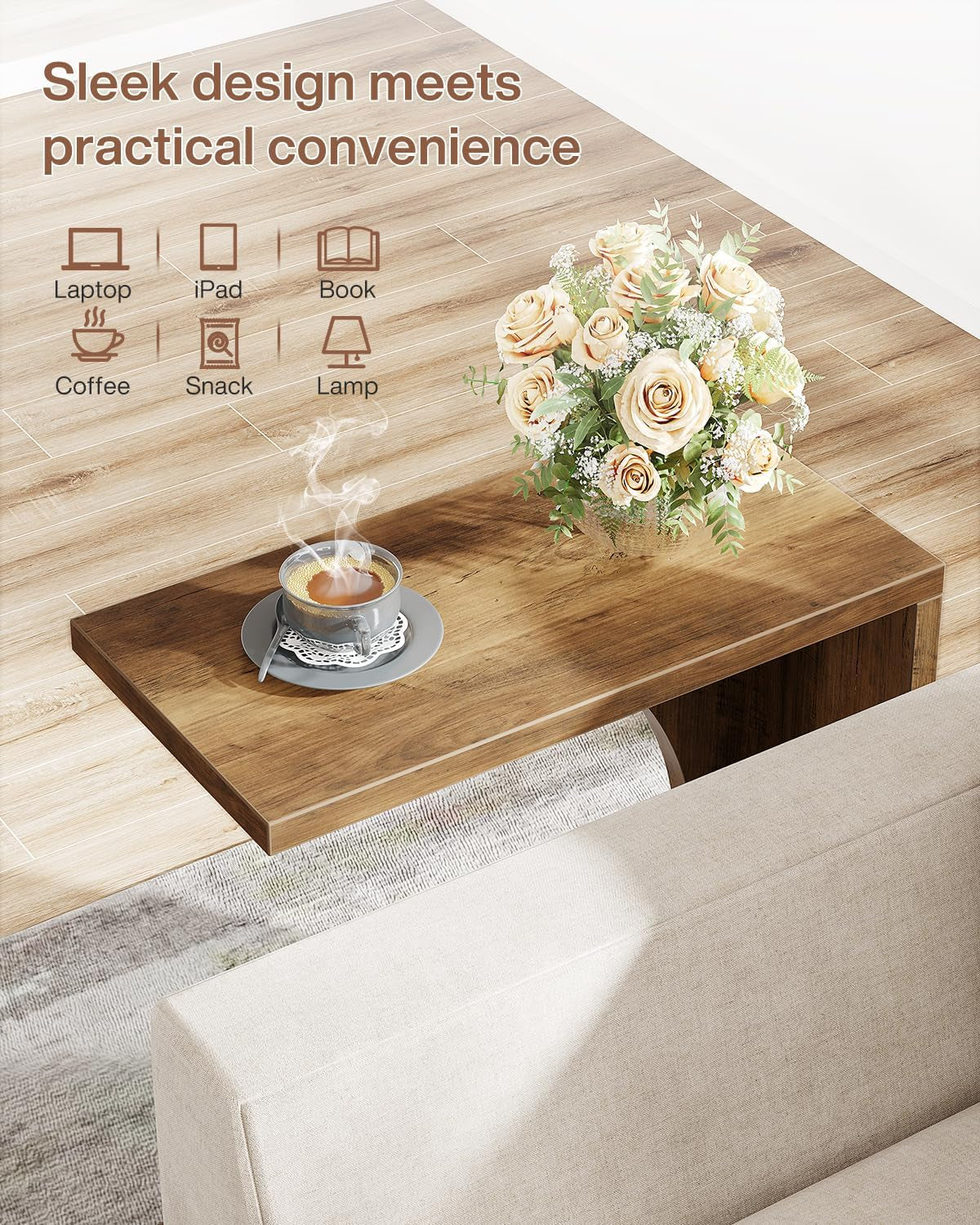 C-Shaped End Table for Couch, Sofa Side Table, C Table for Small Space, Living Room, Bedroom (1, Rustic Brown)