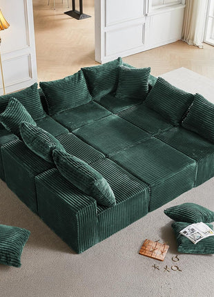 Luxurious 9-Seater U-Shaped Modular Sleeper Sofa with Ottomans in Elegant Green - No Assembly Required