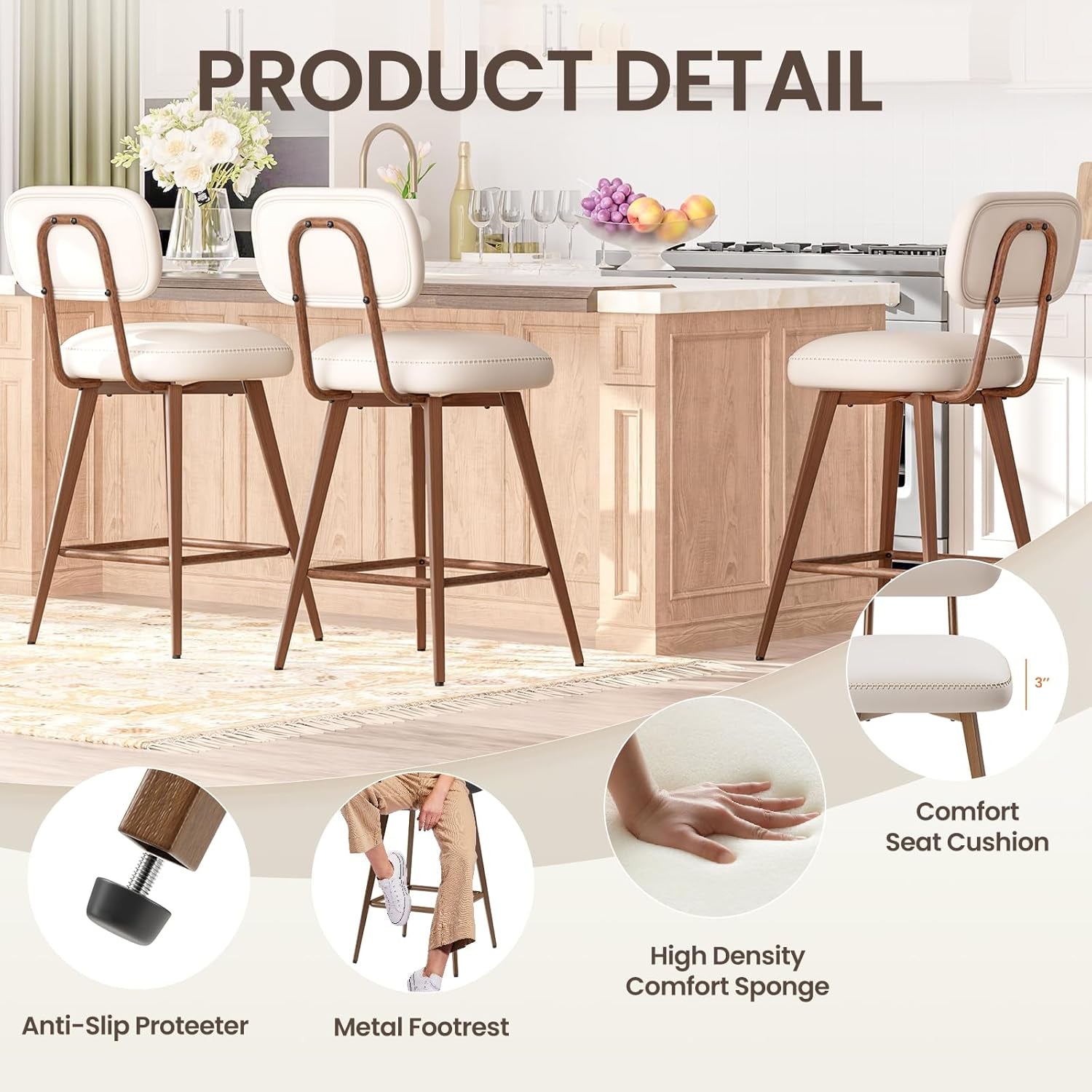26“ PU Leather Swivel Bar Stools Set of 3, Mid Century Counter Height Bar Chairs with Low Back and Metal Legs, Modern Bar Stool Chair for Kitchen Island, Beige