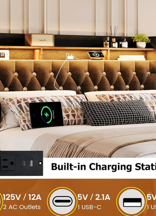 Velvet Upholstered Queen Size Bed Frame with 4 Storage Drawers, Integrated Charging Station, and Storage Headboard, LED Accents, Crystal Décor, No Box Spring Required, Black