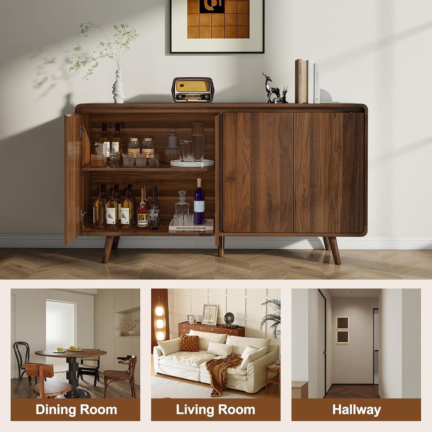 Mid Century Modern Buffet Cabinet with Storage, 55 Inch Sideboard Credenza with Doors & Shelves Console Coffee Bar Table for Living Room, Kitchen, Dining Room and Hallway, Walnut