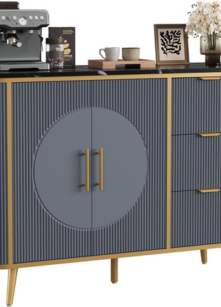 47.3" Contemporary Buffet Cabinet with Storage, Featuring 2 Doors and 3 Drawers, Fluted Design Coffee Bar Storage Solution for Dining Room, Living Room, and Entryway in Navy Blue