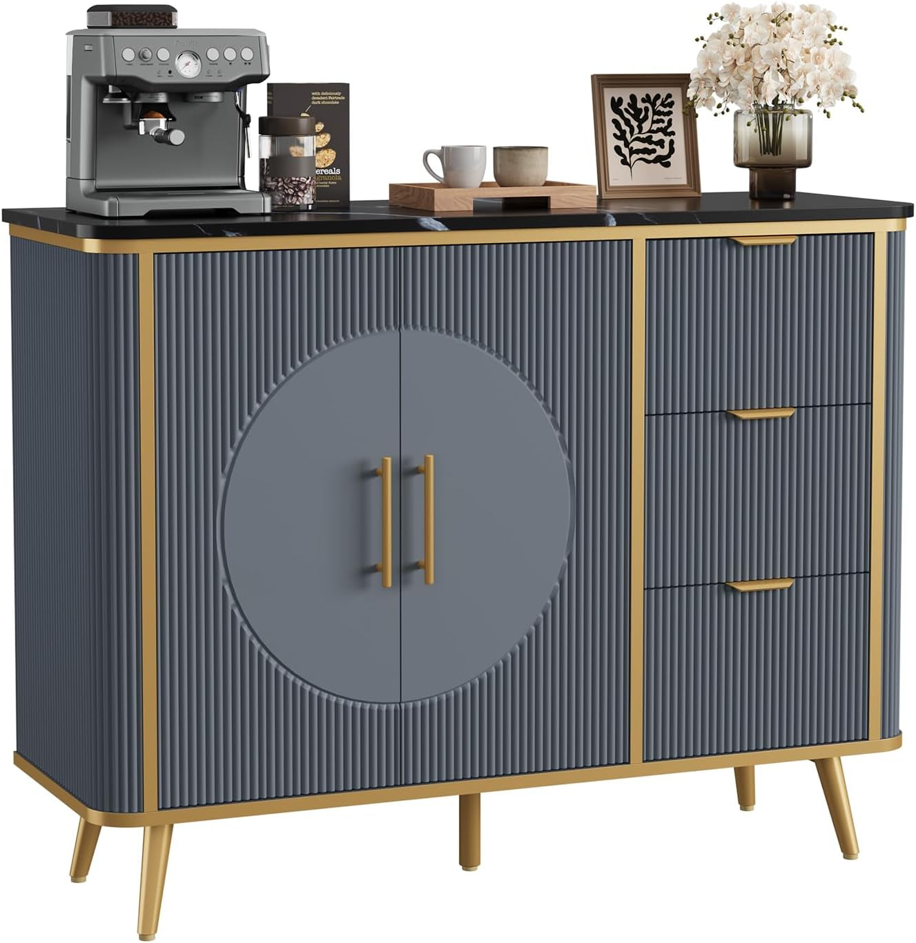 47.3" Modern Buffet Cabinet with Storage, Kitchen Sideboard Buffet with 2 Door & 3 Drawers, Fluted Caffee Bar Storage Cabinet for Dining Room, Living Room, Entryway, Navy Blue