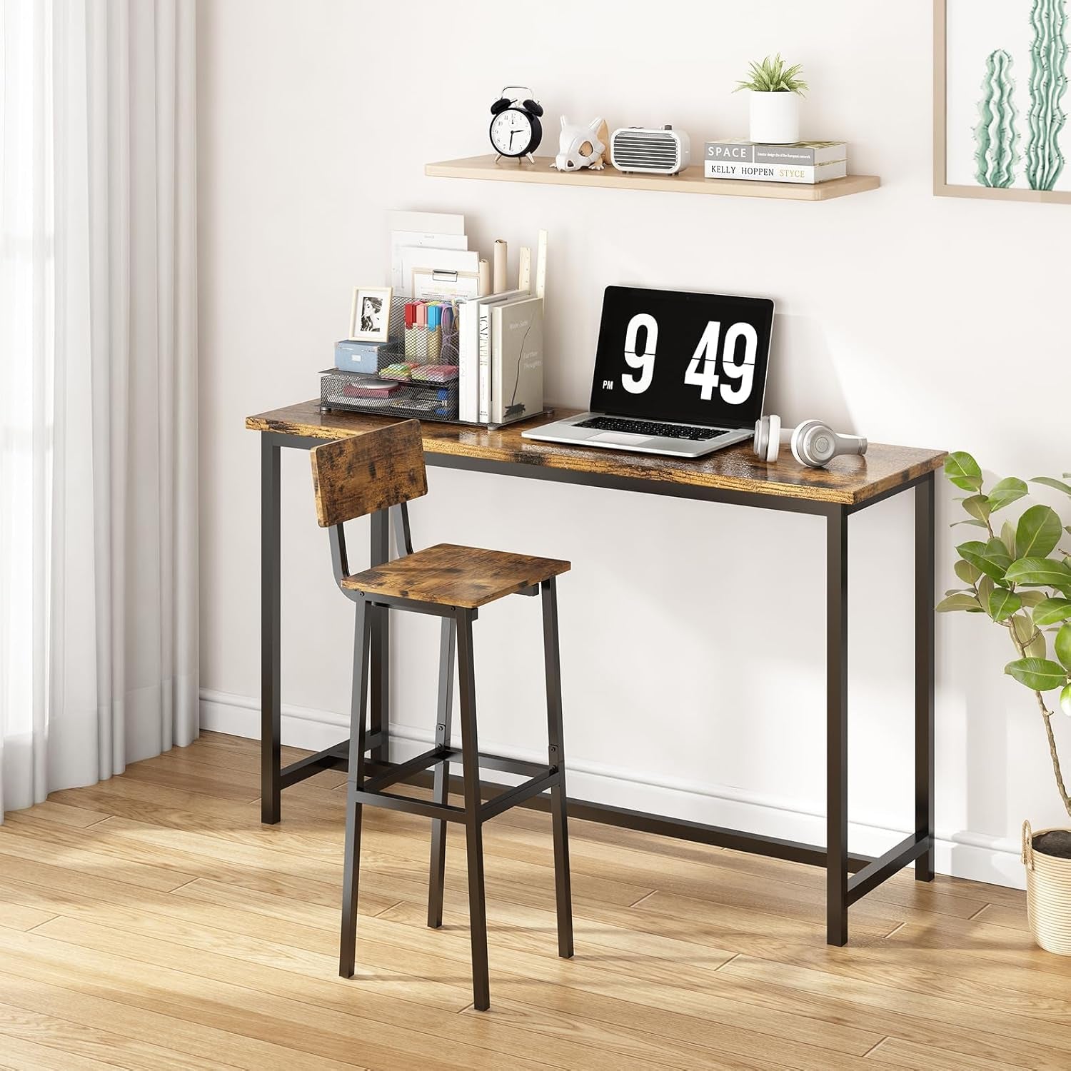 Set of 2 Bar Stools, Tall Bar Stool with Backrest and Footrest, Tall Bar Chairs, Industrial Style Counter Height Bar Stool for Dining Room, Kitchen, Rustic Brown