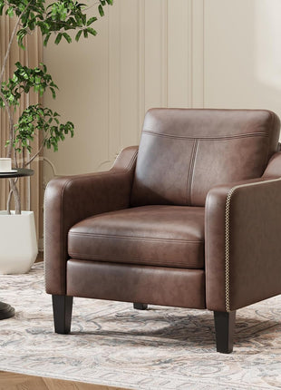Mid-Century Modern Set of 2 PU Leather Accent Chairs with Removable Cushions and Stitched Armrests in Chocolate Brown