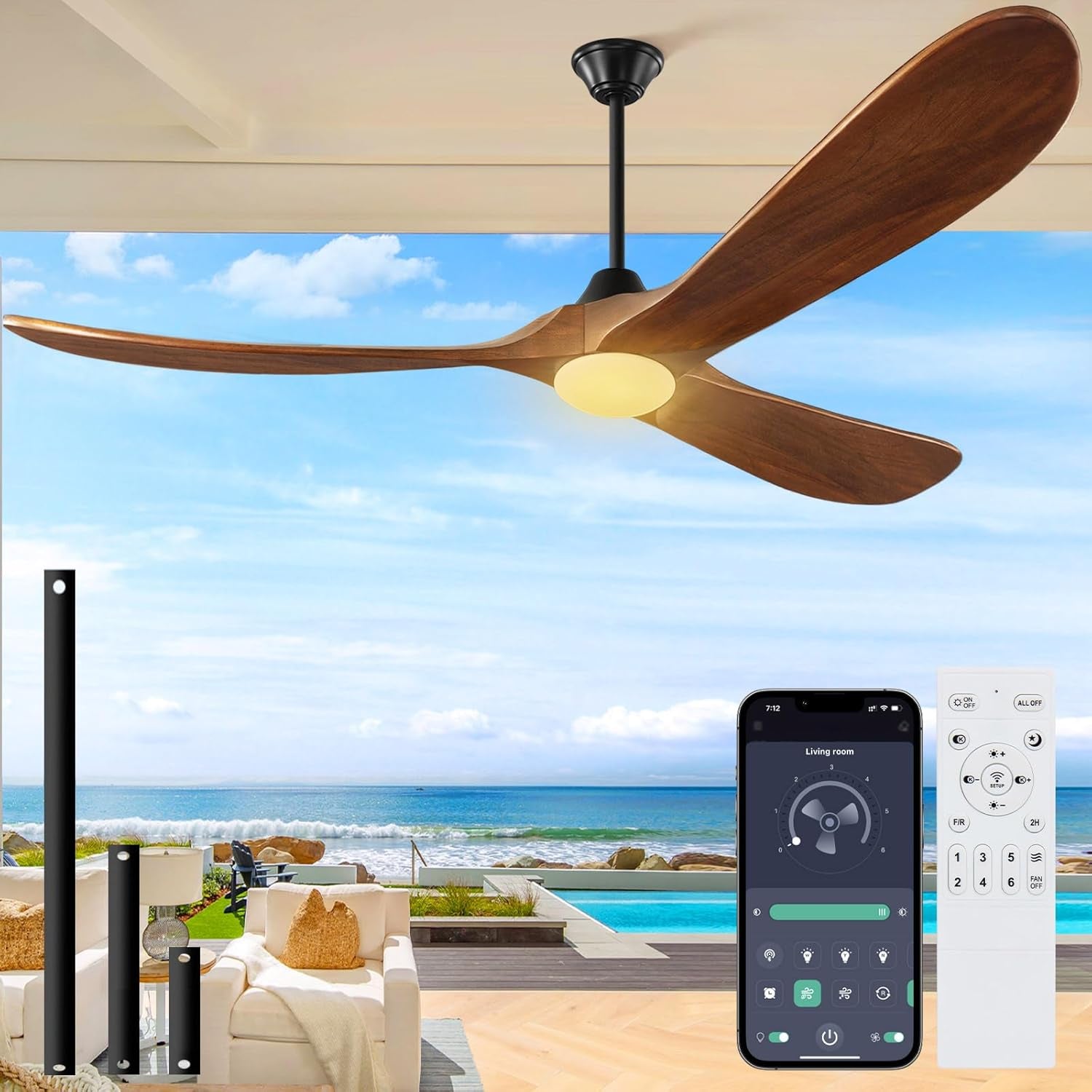 60 Inch Outdoor Ceiling Fan with Light-Glass Lamp, 3 Blade Wood Propeller Ceiling Fans with Lights and Remote Control for Patios, Exterior Damp Rated High CFM Ceiling Fans Modern Smart APP