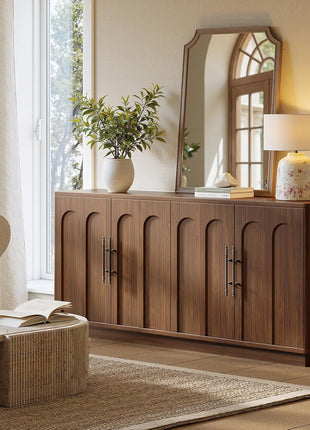 67" Arched Walnut Buffet Cabinet with Storage - Large Mid-Century Modern Credenza with 4 Doors for Kitchen and Living Room (67" x 31.5" x 15.7")