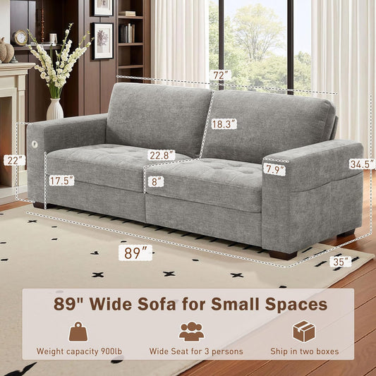 Couch for Living Room, Modern Comfy Sofa with Medium Firm Seat Cushion, Removable Cover,Wide Armrest,Usb/Type-C Port,Chenille Fabric Couches for Small Space,Apartment (Gray, 89 Inch)