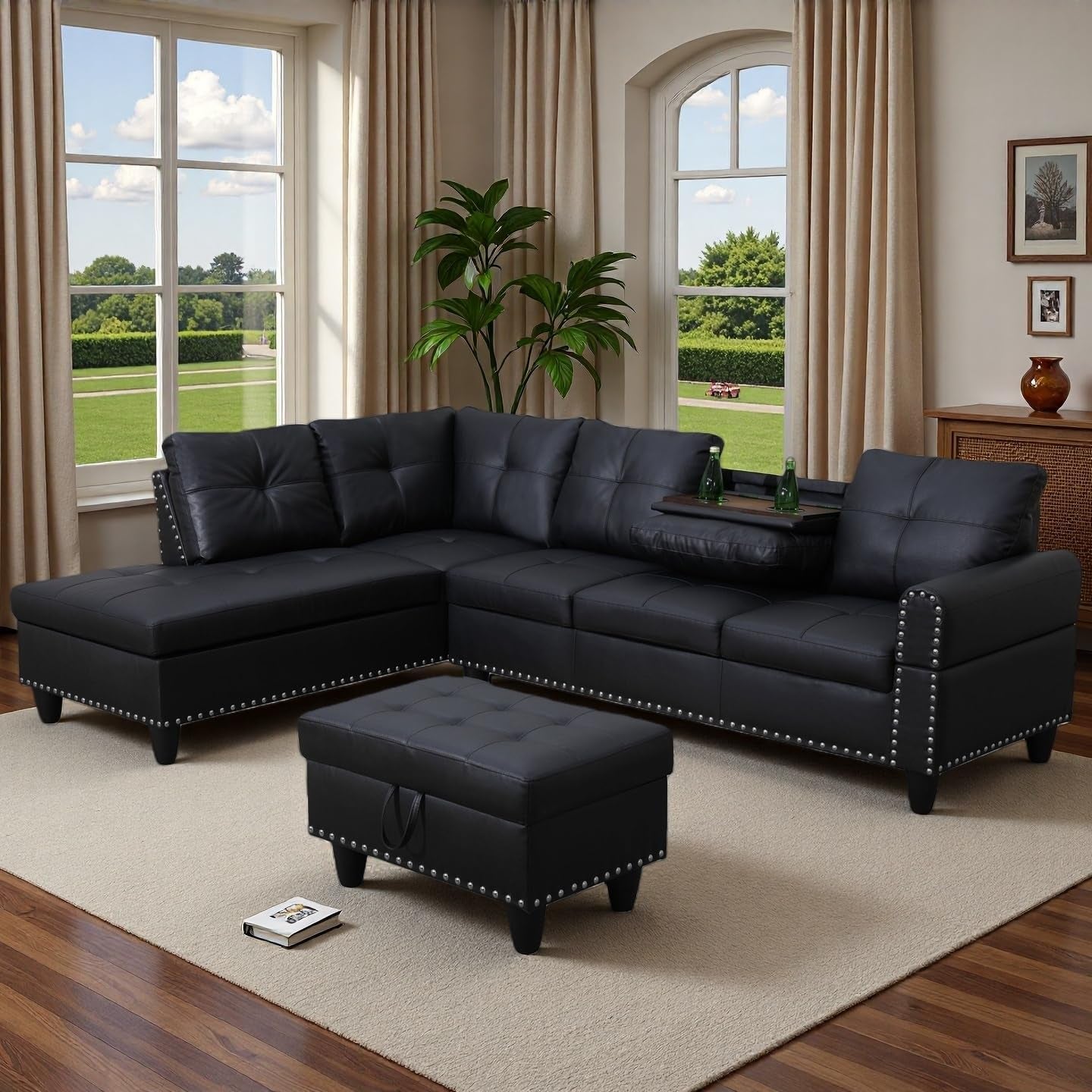 97.5" L Shaped Couch Set, Modular Sectional Couches for Living Room with Storage Ottoman, 4 Seat Home Sofa Living Room Furniture Sets with Chaise for Apartment Office (Leather, Black)