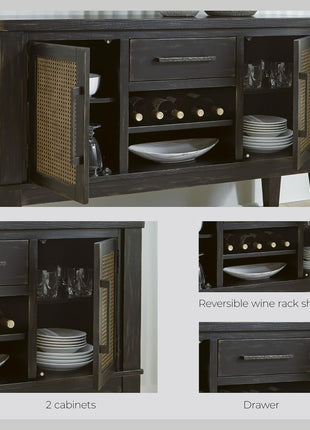 Galliden Urban 2-Door Dining Server by Signature Design by Ashley featuring Reversible Wine Rack Shelf, Adjustable Shelves, and Felt-Lined Drawer in Black and Light Brown