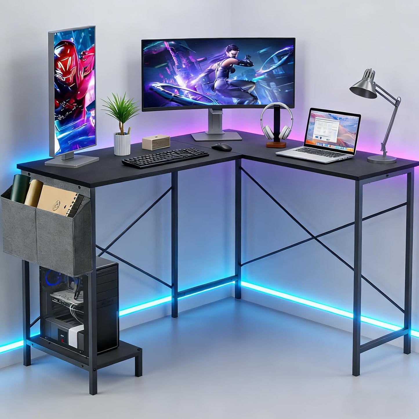 L Shaped Desk, 50 Inch Reversible Computer Desk Corner Gaming Table with CPU Stand & Storage Bag, Sturdy Metal Frame PC Workstation for Home Office