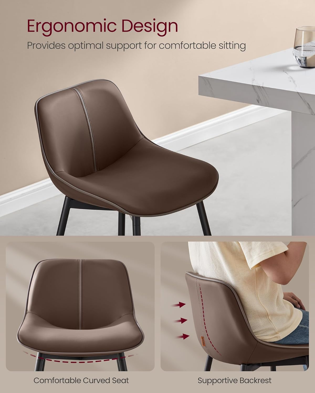 Bar Stools Set of 2, Counter Height Bar Stools with Back, Ergonomic Backrest, Synthetic Leather, Metal Legs, 24.8-Inch Tall Barstools for Kitchen Island Home Bar, Easy Assembly, Coffee Brown