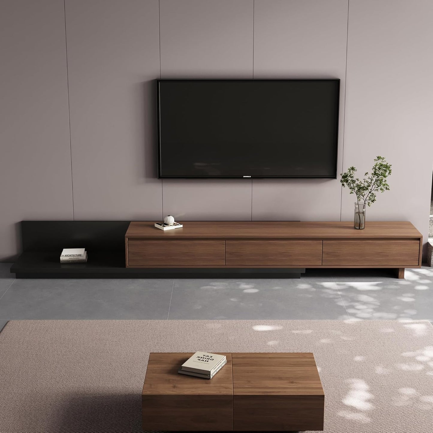 Mid-Century Modern Expandable TV Stand with 3 Drawers – Adjustable Entertainment Center for Living Room & Bedroom (79" to 130"), Stylish Walnut Brown Media Console