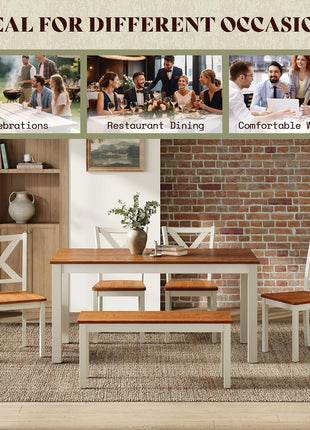 6-Piece Rustic Farmhouse Dining Set with 59" Wooden Table, 4 Chairs, and Bench in Walnut and White - Space-Saving Kitchen and Dining Room Furniture