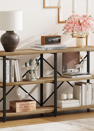 55-Inch Vintage Oak Industrial Console Table - 3-Tier Hallway Table for Entryway and Living Room