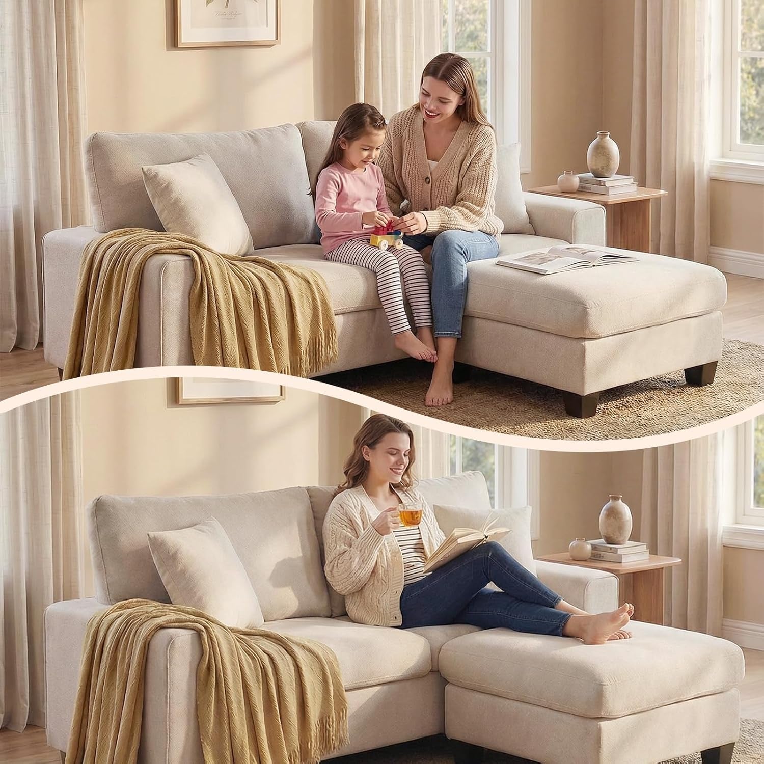 L-Shaped Sectional Sofa with Storage Ottoman, Modern Chenille Recliner Loveseat, Removable Couch Covers, Pocket Spring Cushions, Solid Wood Frame, Easy to Install (71.25Inch, Beige)