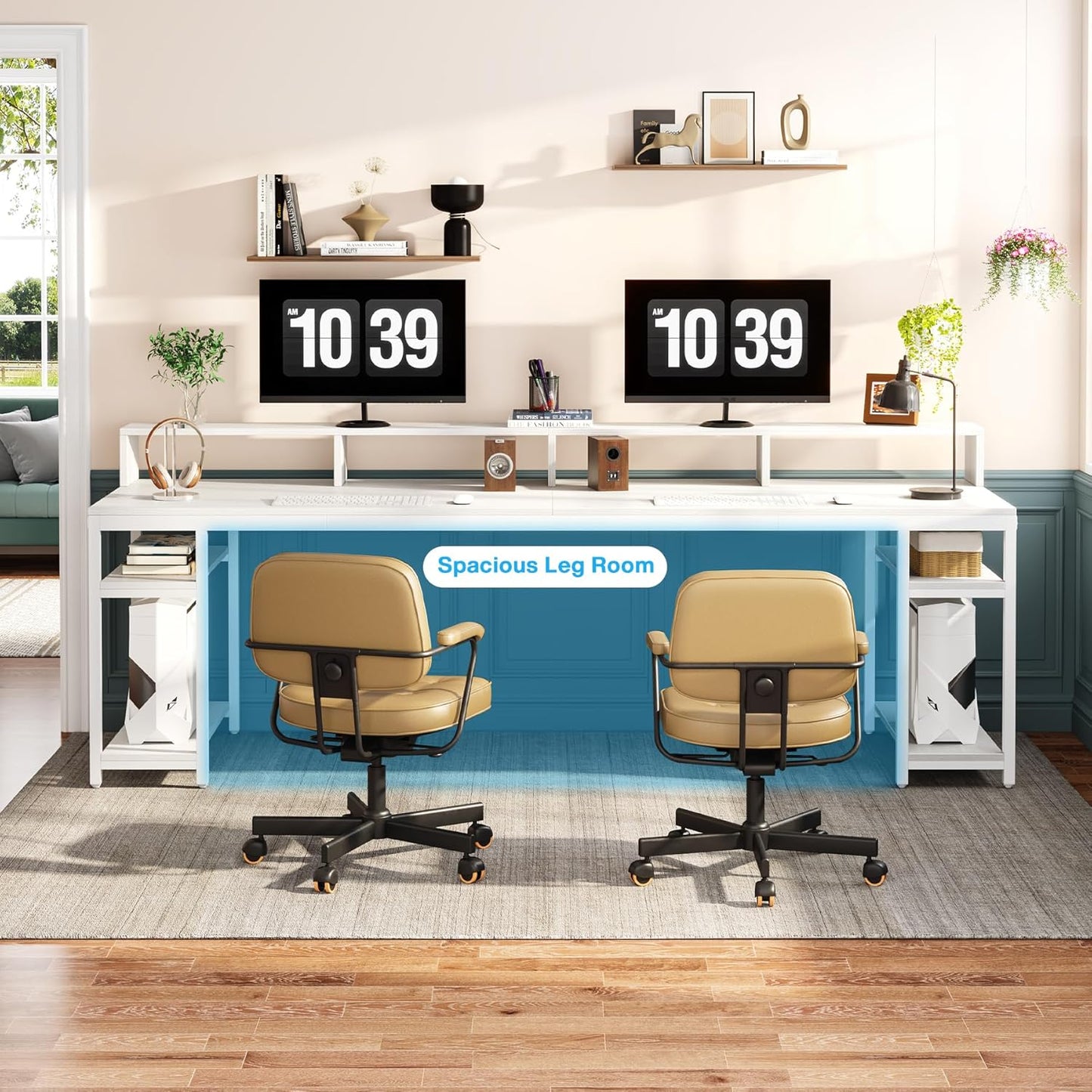 Two Person Desk with Monitor Stand, 78.74" Long Double Computer Office Desk with Storage Shelves, Large Gaming Desk Study Writing Table Workstation for Home Office (White)