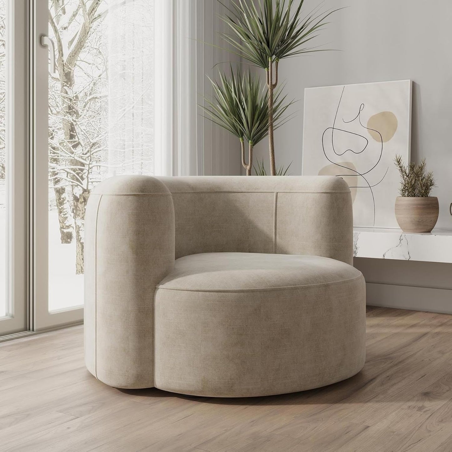 Luxury Modern Tight Curved Back Velvet Sofa, Minimalist Style Comfy Couch for Living Room Apartment Reception Space, Cream Single Chair