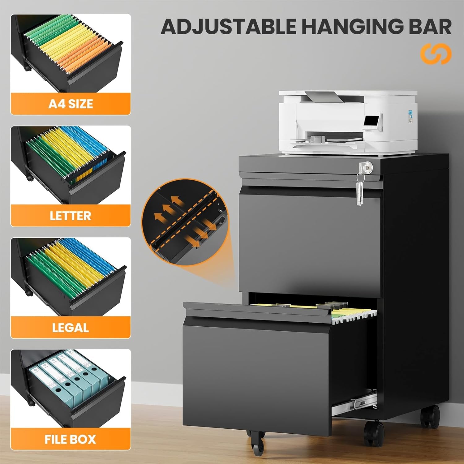 2 Drawer File Cabinet with Lock, Rolling File Cabinets for Home Office, Small Metal Filing Cabinet Office Drawers under Desk for Letters/Legal/A4 Size, Assembly Required