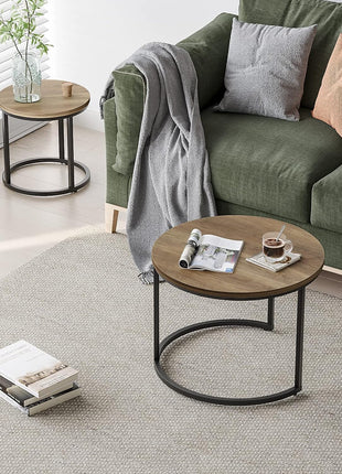 Set of 2 Round Nesting Coffee Tables with 23.6" Wood Grain Top and Adjustable Non-Slip Feet, Industrial Style End Tables for Living Room, Bedroom, Balcony, and Outdoor Use