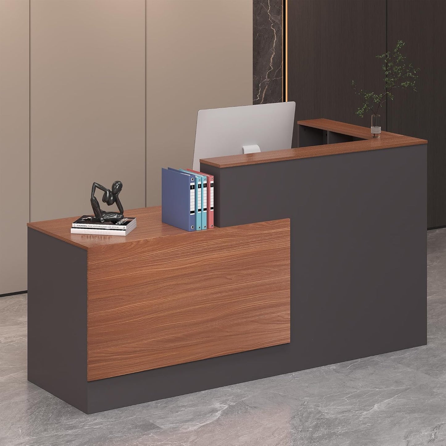 L-Shaped Reception Desk with Lockable Drawers, Adjustable File Cabinet & Keyboard Tray, Modern Front Counter for Office, Salon, or Lobby (Right-L Walnut/Slate Gray, 70.9''L X 23.6''W X 41.3''H)