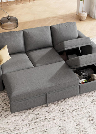 Elegant L-Shaped Modular Sectional Sleeper Sofa with Pull-Out Bed and Integrated Storage in Dark Grey