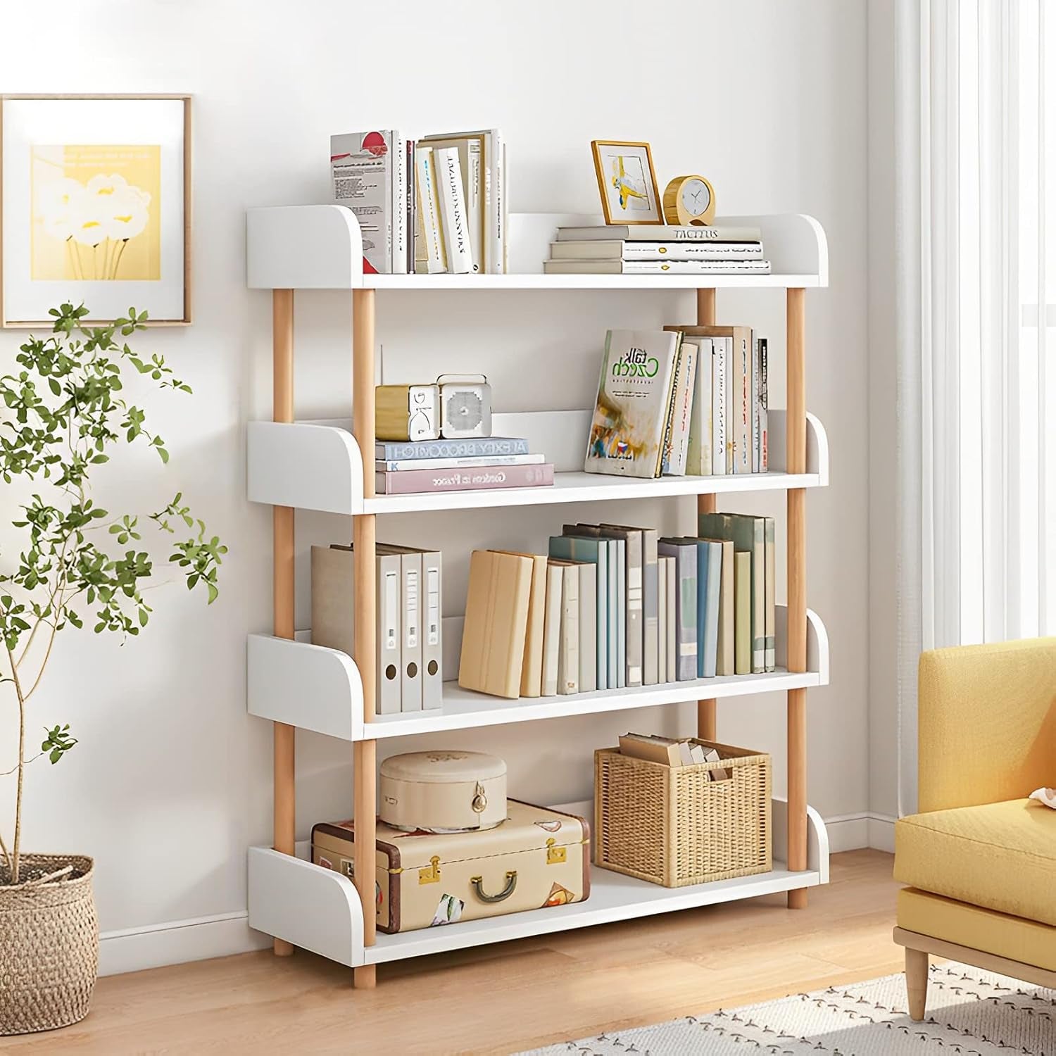 4-Tier Wooden Open Bookcase - Modern Display Bookshelf with Top Edge and Solid Wood Frame for Home and Office, Storage Cabinet, Warm White