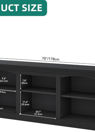 Farmhouse Style TV Stand with Cord Management for 75/80 Inch TVs, Adjustable Shelving and Open Storage, 70-Inch Entertainment Center in Black