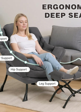 Contemporary Dark Grey Accent Chair and Ottoman Set with Folding Footstool and Armrest Design for Living Room, Bedroom, and Office