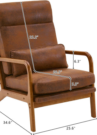 Karl Mid-Century Modern Accent Chair with Pillow, High Back Bronzing Fabric Upholstery, Solid Wood Frame, and Plush Cushion for Living Room, Bedroom, or Balcony - Brown