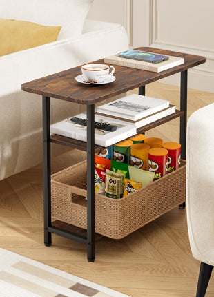 3-Tier Rustic Brown Side Table for Living Room - Narrow Nightstand with Generous Storage for Compact Spaces