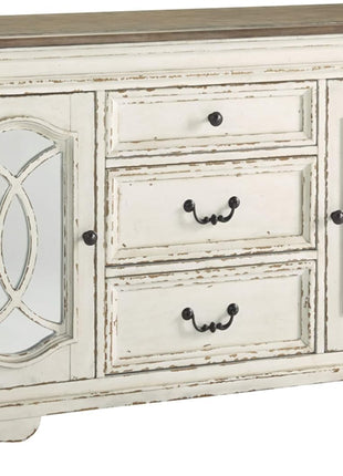 Signature Design by Ashley Realyn French Country Distressed Dining Room Server with Three Drawers and Two Cabinet Doors, Wood Construction, 59" W x 17" D x 36.5" H, Chipped White Finish