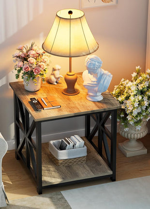 24-Inch Contemporary End Table with Dual-Tier Storage Shelf in Grey Wash Finish, Perfect for Living Room, Bedroom, and Office Use