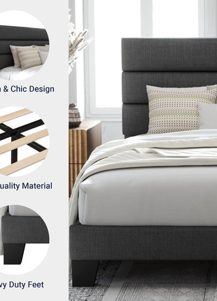 Queen Size Platform Bed Frame with Upholstered Headboard and Wooden Slat Support, No Box Spring Required, Easy Assembly, Dark Grey