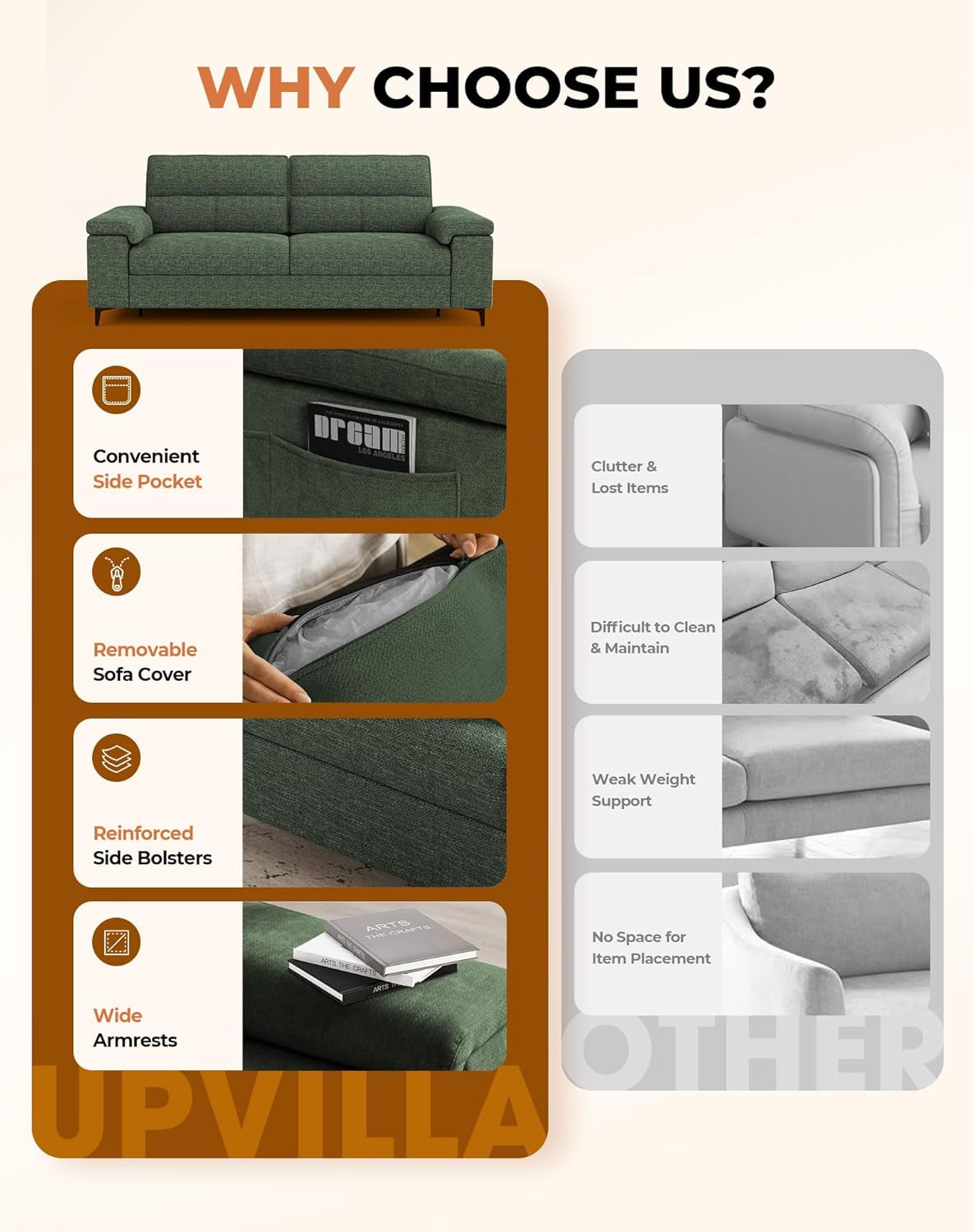 88.97" Modern Sofa Couch for Living Room, Deep Seat Sofas with 8”Cushion, Comfy 2-Seater Chenille Loveseat with Convertible Armrest, Removable Sofa Cover, High Leg (Green)