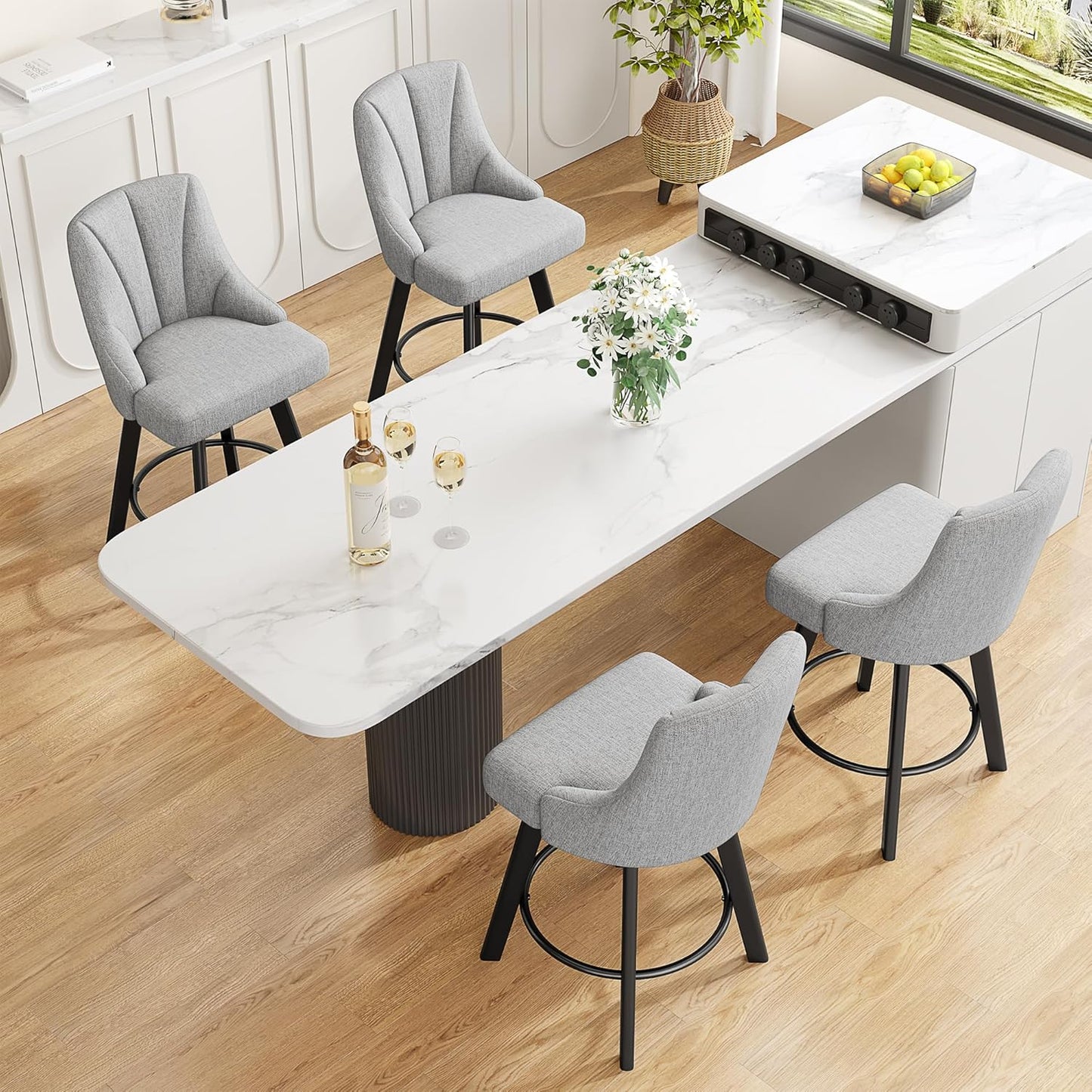 Swivel Bar Stools with Backs, 24" Counter Height Bar Stools Set of 2, Fabric Upholstered Counter Barstools with Solid Wood Legs for Kitchen Island, Home Bar, Light Gray