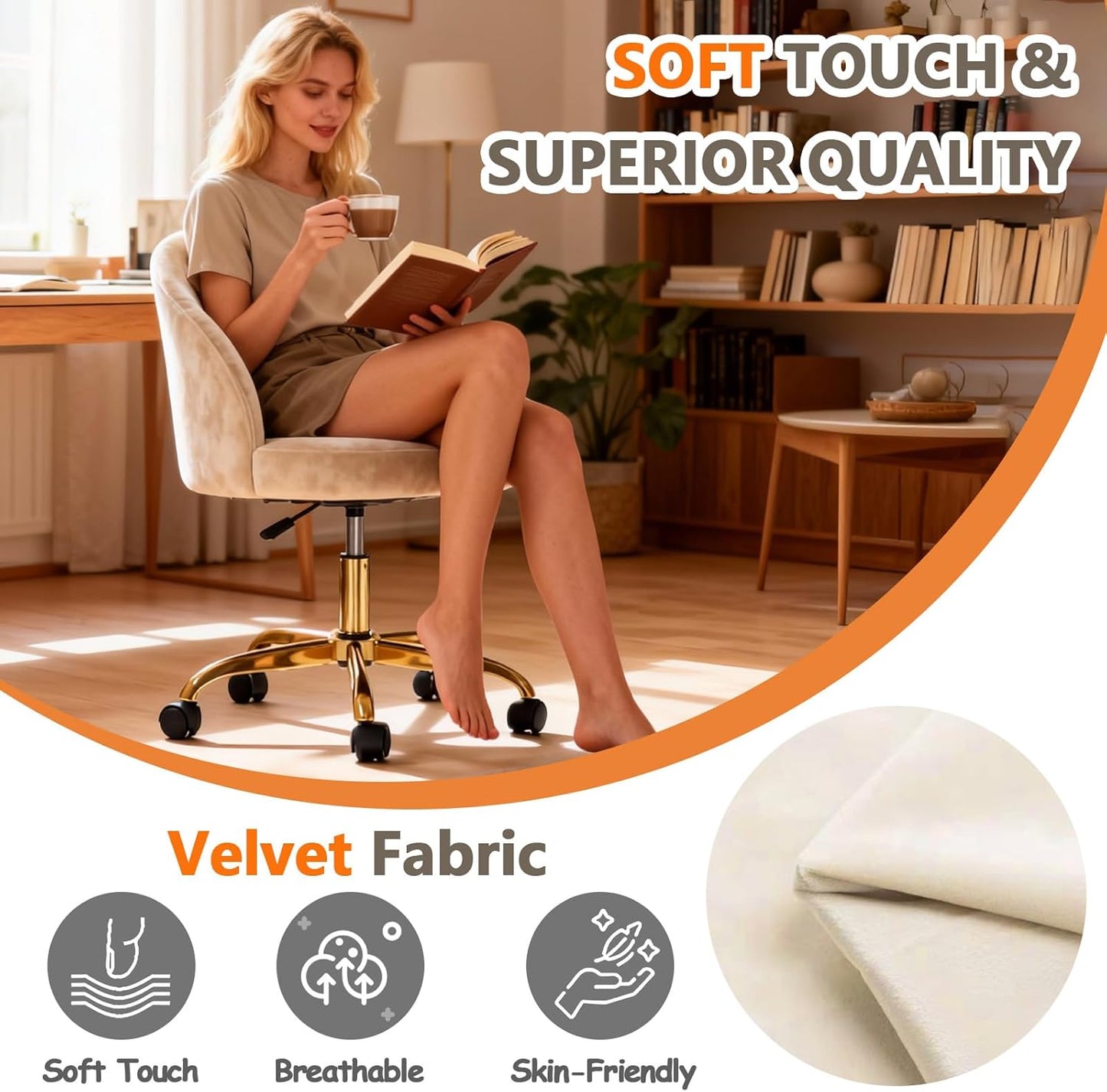 White Vanity Chair with Wheels, Cute Velvet Desk Chair, Height Adjustable, Ergonomic Home Office Desk Chairs, Rolling Vanity Chairs for Living Room/Makeup Room/Bedroom