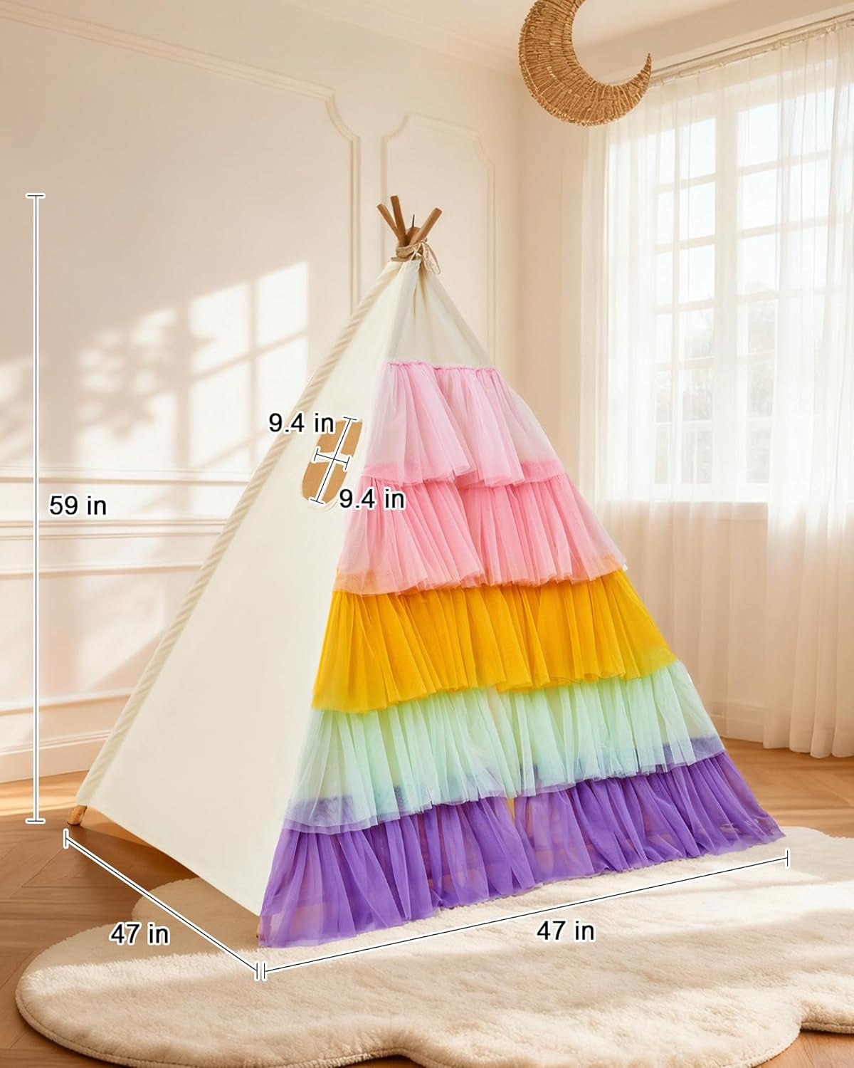 Teepee Tent for Kids, Toddler Teepee with Star Lights & Rainbow Tulle, Girls Princess Play Tent, Foldable Kids Teepee Tent for inside Playhouse Kid Toy Gift