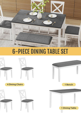 6-Piece Solid Wood Dining Set with Upholstered Seating, Perfect for Dining Rooms, Kitchens, and Restaurants, White Finish