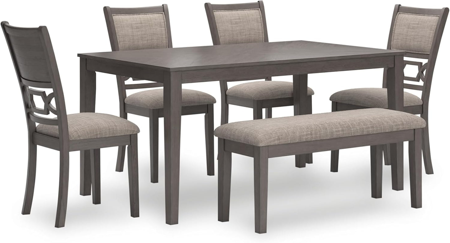 Wrenning Diamond Patterned Dining Table Set, 4 Upholstered Chairs and Bench, Seats 6, Wood, Gray