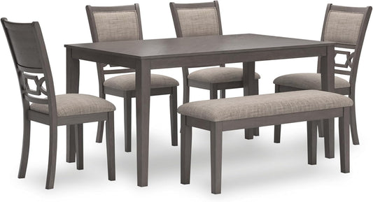 Wrenning Diamond Patterned Dining Table Set, 4 Upholstered Chairs and Bench, Seats 6, Wood, Gray