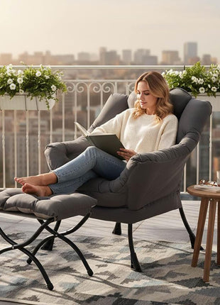 Contemporary Lounge Chair with Ottoman - Spacious Accent Chair for Leisure, Reading, and Relaxation in Dark Grey for Bedroom, Living Room, Dormitory, and Outdoor Spaces