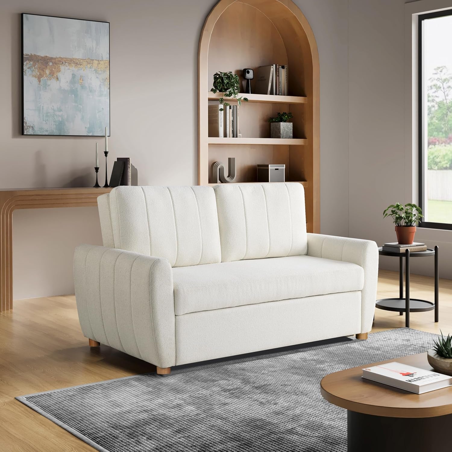Galway 66.5" Convertile Sleeper Loveseat, Full Size, Dreamcoil Comfort, Fingerguard Pinch Point Protection, oucle Faric, Ivory