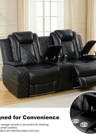 Elevate Your Living Room with a Contemporary Power Recliner Sofa Set - Featuring Breathable Leather, LED Lighting, USB Ports, Cup Holders, and Convenient Storage for an Exceptional Home Theater Experience.