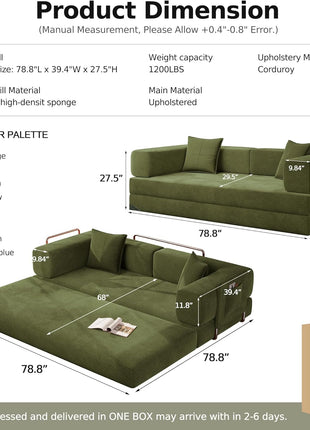78.8'' Convertible Sleeper Sofa - Modular Corduroy Couch with Armrest Pillow, Easy Setup, Green