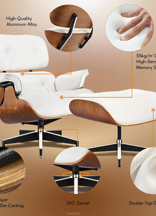 Mid-Century Modern Top Grain Leather Chaise Lounge Chair and Ottoman with Durable Base Support, Walnut and White Finish for Living Room, Study, or Office
