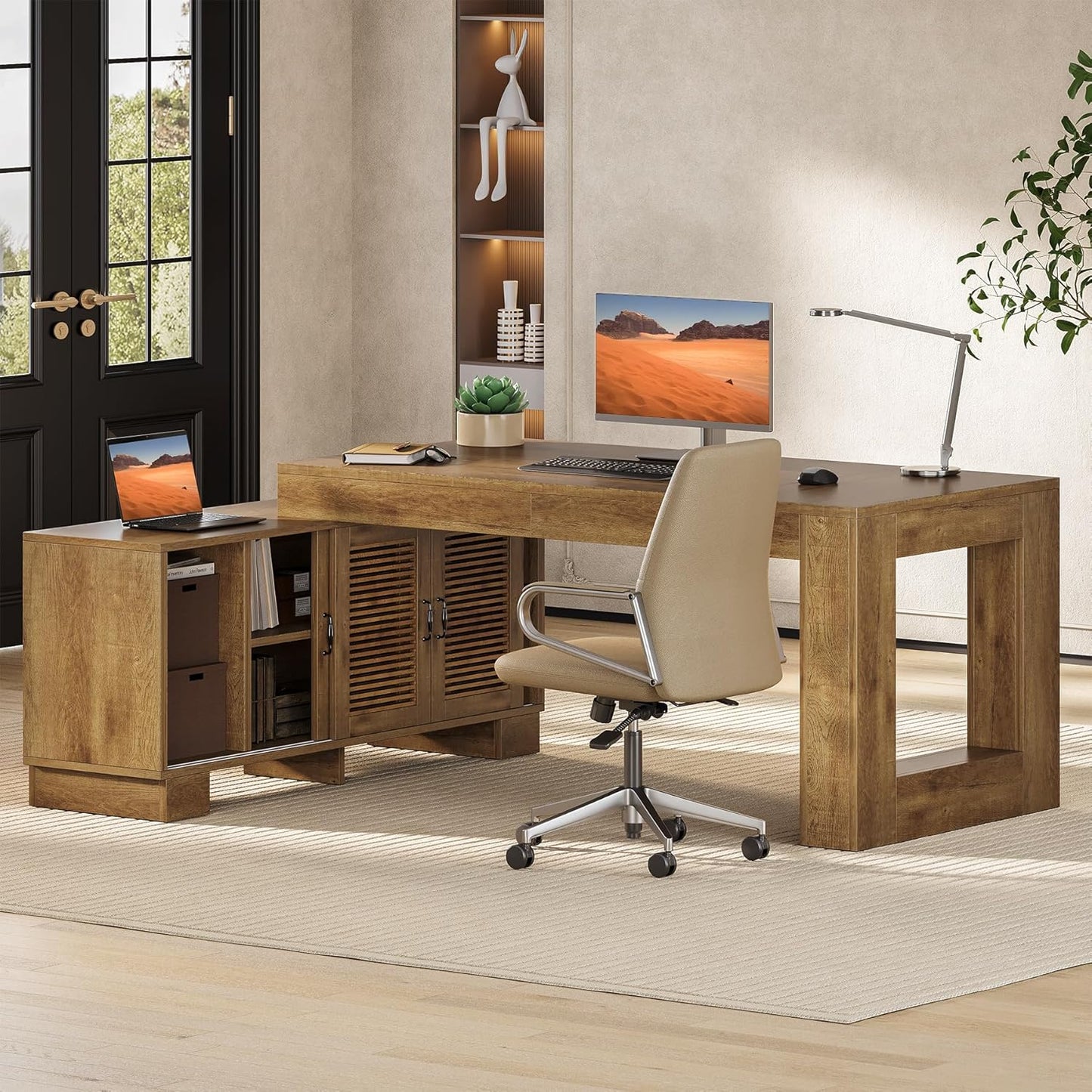 63" L Shaped Executive Desk with Storage, Farmhouse Home Office Desk with 2-Tier Cabinets and Shelves, Large Wooden Computer Table Business Furniture Workstation Set, Brown